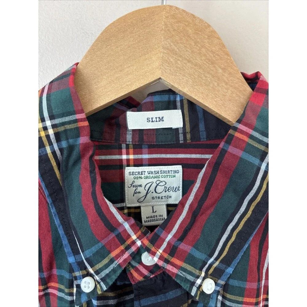 J.Crew Slim Button Up Shirt Mens L Red Plaid Organic Cotton Long Sleeve